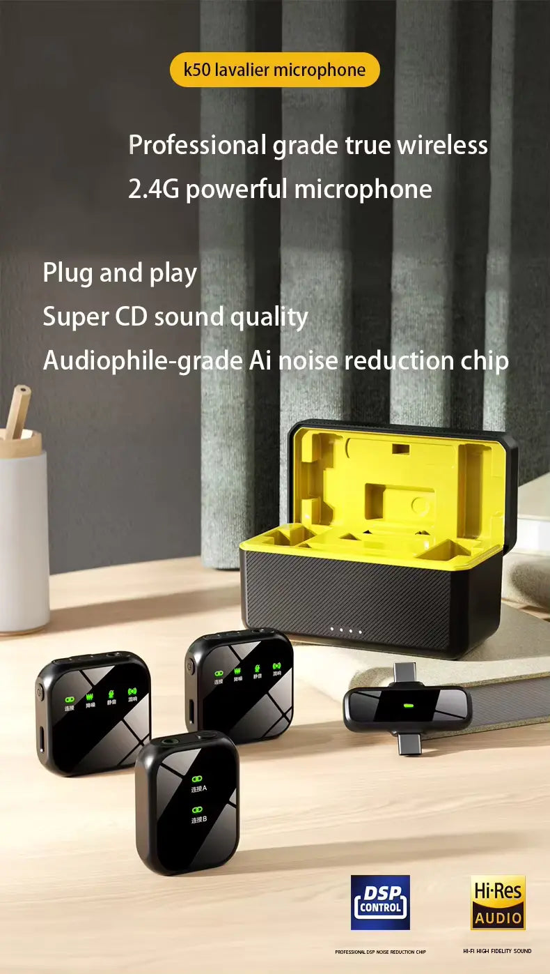 K50 Wireless Dual Collar Microphone Set with Noise Cancellation & Display Screen – 20M