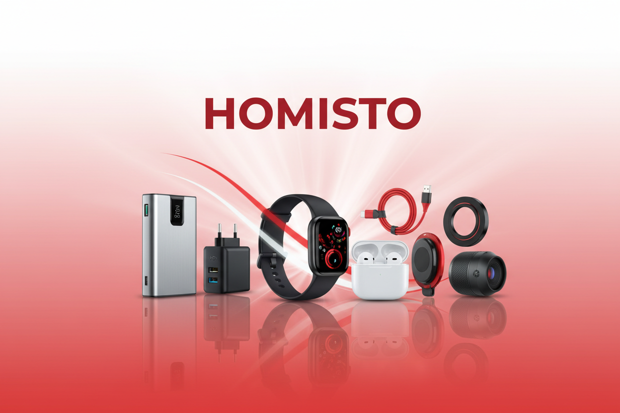 A modern, high-end front banner design in white and red theme for the tech brand “Homisto.” Clean minimal background with smooth gradients of white and vibrant red. Showcase premium tech products commonly found in Pakistan’s online tech stores—power banks, fast chargers, smartwatches, Bluetooth earbuds, mobile accessories, and sleek gadgets—arranged neatly in a stylish composition. Add soft reflections, subtle shadows, and futuristic light streaks for a modern tech vibe. Place the brand name “HOMISTO” in bo